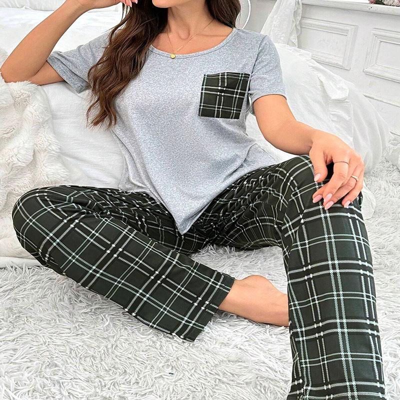 Пижамный комплект с круглым вырезом, длинным рукавом и бантом, коротким рукавом, разноцветный комплект для студентов, домашняя одежда из двух частей, длинные брюки в клетку