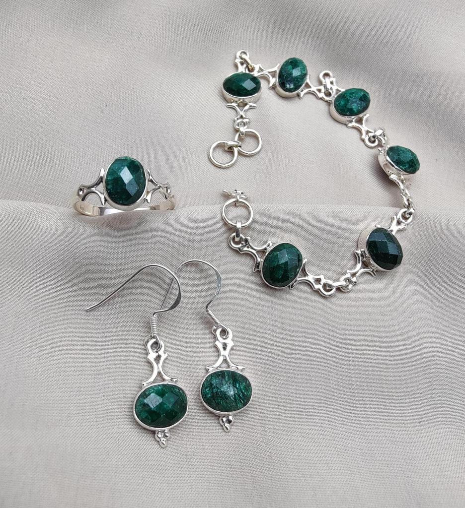 Emerald Jewelry Set: Sterling Silver Bracelet, Ring & Earrings - May Birthstone