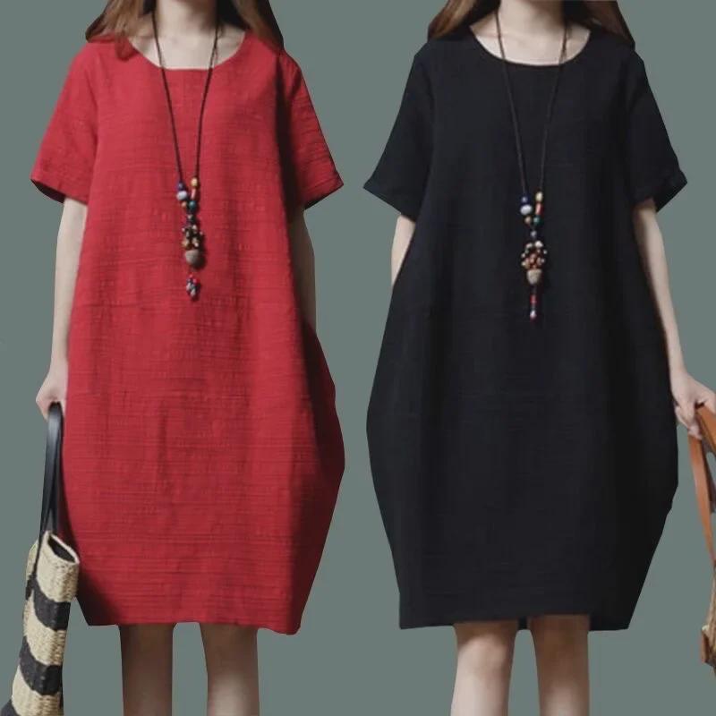 Women's Plus Size Casual Summer Dress - Solid Color, Cotton & Linen, Short Sleeves