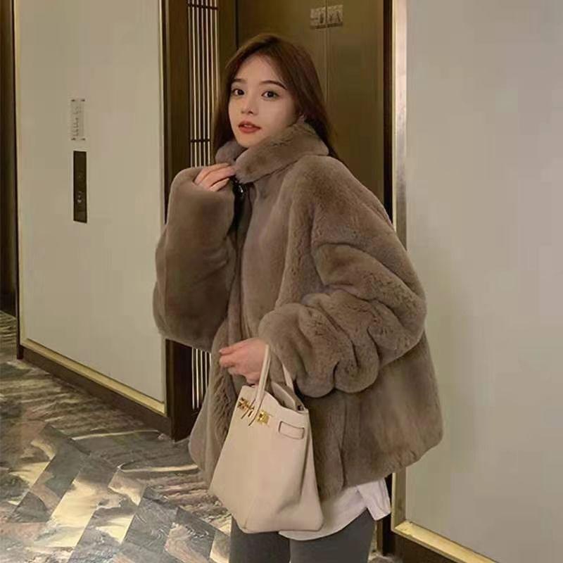 European and American imitation mink fleece fur coat women's new autumn and winter loose furry stand-up collar gold mink fleece