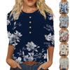 Women's Fashion Casual 3/4 Sleeve Floral Button Printed Round Neck Pullover Top Casual Clothing
