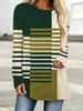 Women's Retro Green Geometric Striped Printed Long-sleeved T-shirt for Women, Round Neck Loose Mid-length Top