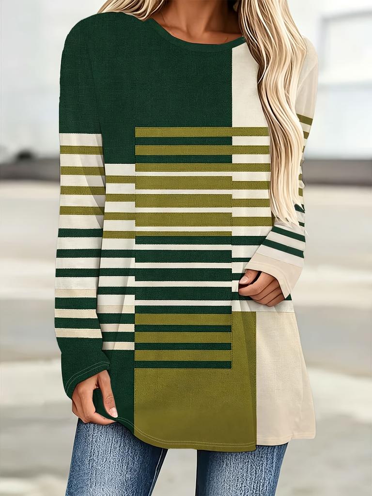 Women's Retro Green Geometric Striped Printed Long-sleeved T-shirt for Women, Round Neck Loose Mid-length Top