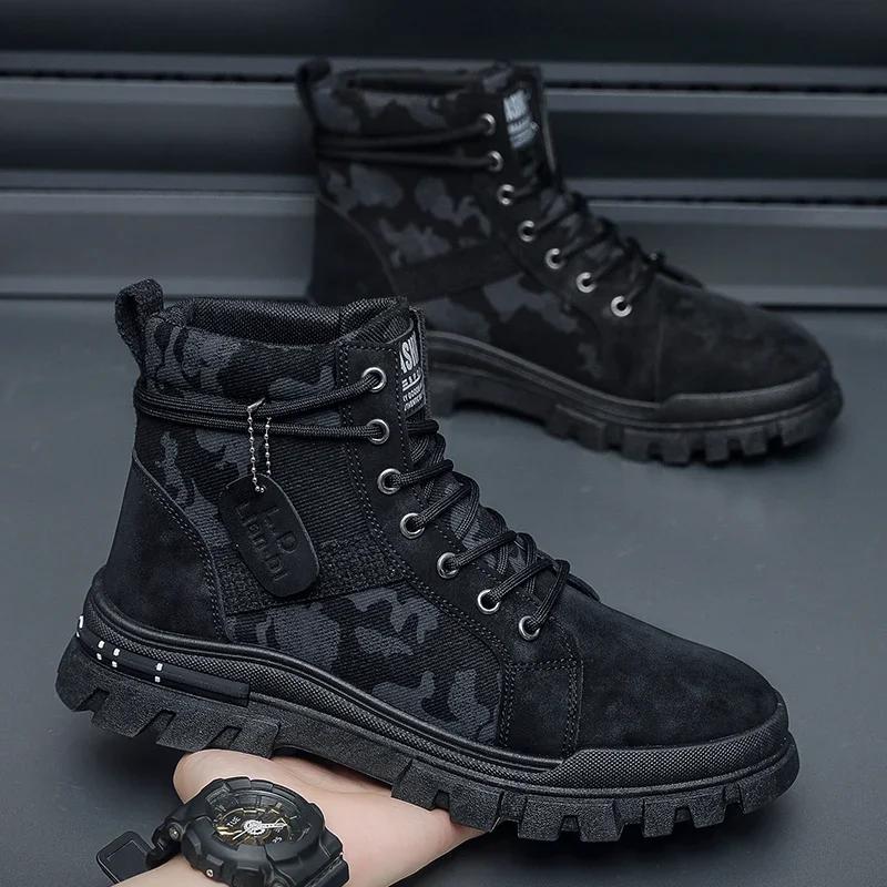 Мужские высокие ботинки на плоской подошве, легкие походные ботинки для улицы, черные походные ботинки, кроссовки для бега, тенниса, ходьбы, мотоциклетные