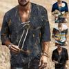 Мужские свободные рубашки из хлопка и льна с коротким рукавом и V-образным вырезом с принтом