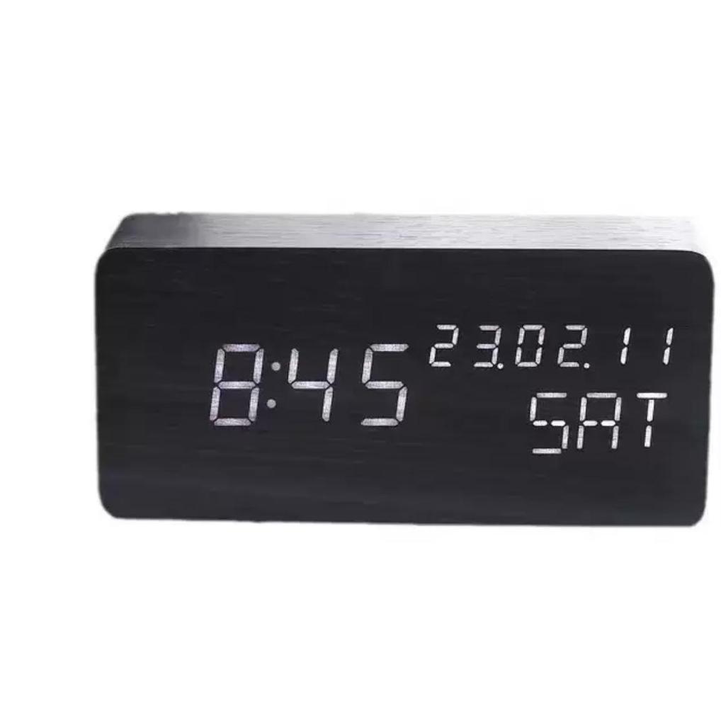 Rectangular Perpetual Wooden LED Clock with Voice Control and Wake-up Function