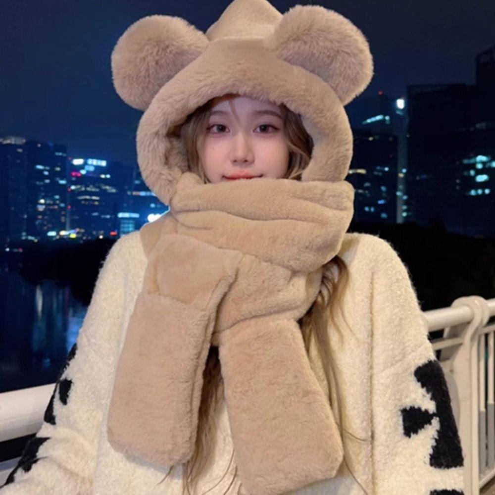 Plush Beanies Caps Thickened Ear Protection Cap Cute Bear Ears Hat for Woman Girls