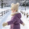 Children Winter Outfit Accessories Kids Warm Knit Set, Bear Ear Hat, Fleece Lined Neck Gaiter & Five Finger Gloves for Toddlers Full Gloves,