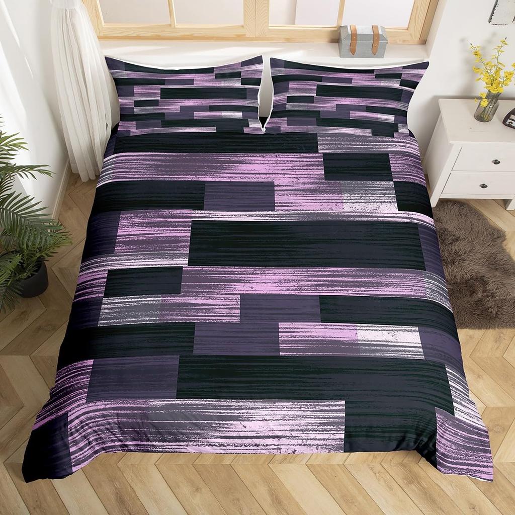Geometric Bedding Set,Patchwork Plaid Duvet Cover Twin King for Teens Adults,Retro Vintage Comforter Cover,Wooden Plank Bed Set