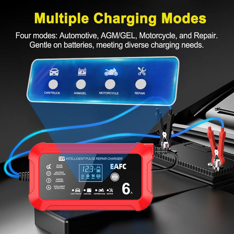 12V 6A Large Screen Car Battery Charger Battery Puls Repair Fast Charging Device Car Motorcycle AGM Gel Wet Lead Acid