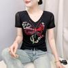 New Fashion European Women Clothes T-shirt Shiny Butterfly Hot Diamonds Luxury Tops Summer V-Neck Short Sleeved Female Sexy Tees