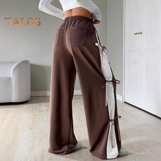 Женские длинные брюки со шнуровкой по бокам, свободные повседневные брюки с широкими штанинами и карманами, однотонные свободные спортивные брюки