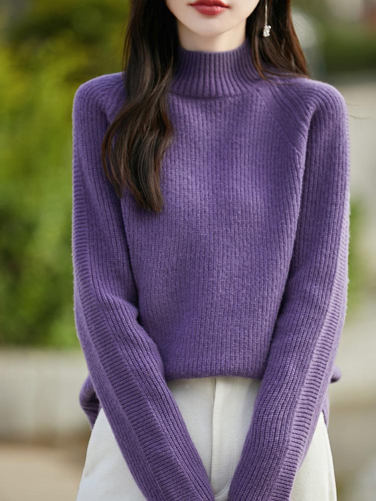 Benmingnian Women’s Heavyweight Pure Wool Cable Knit Sweater: Semi-High Neck, Extra Thick, Loose Fit, with Raglan Sleeves.