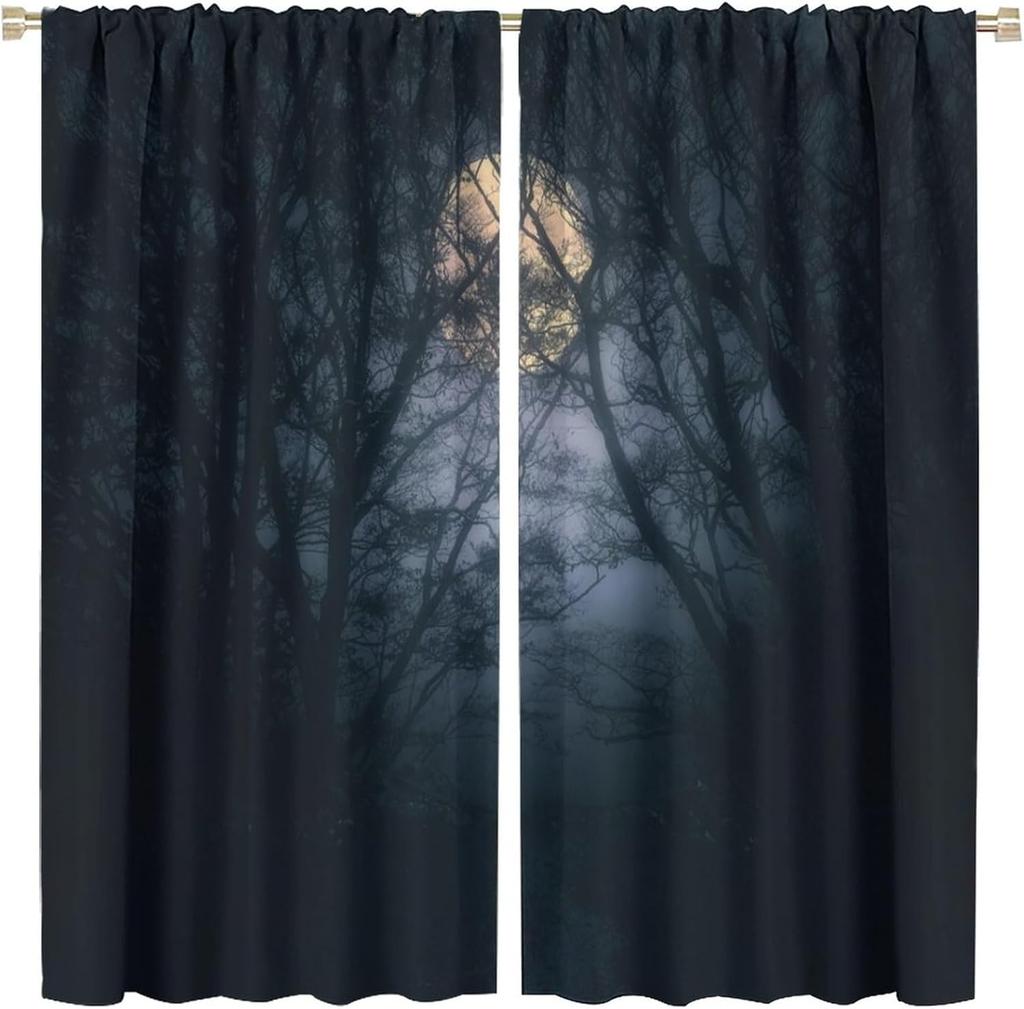 Gothic Dark Misty Forest Curtains, Mysterious Horror Foggy Dim Dead Jungle Under Strange Bright Moon,Thermal Insulation Blackout