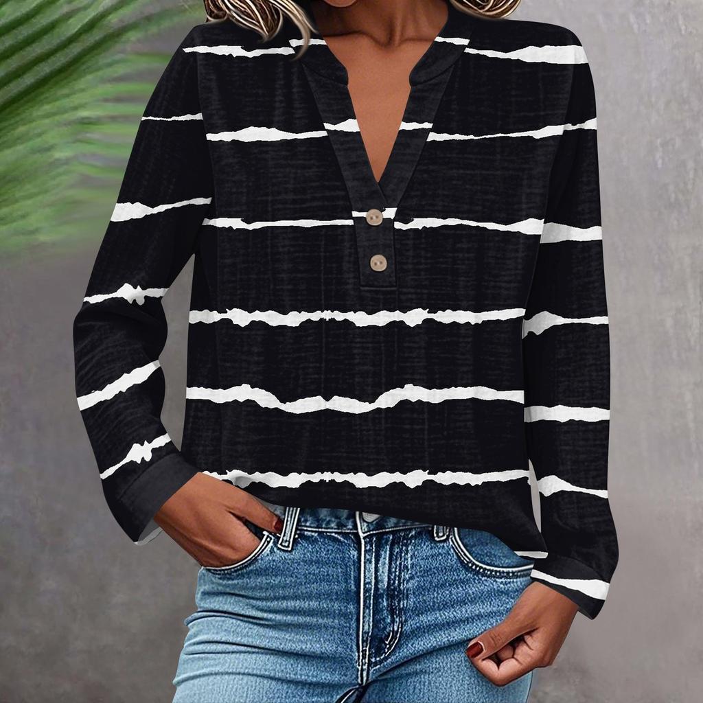 Women's Fashionable And Casual Shirt Long Sleeve V-neck Button Printed Blouse Top