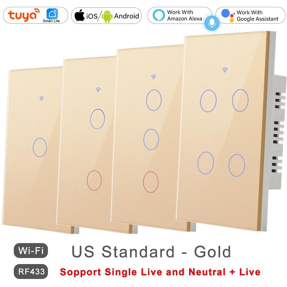WiFi Tuya RF for Lights Australia US BR IL Alexa 220V 1 2 3 4 Gang Smart Remote Control Touch Light Switch Neutral + Live Wire