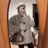Женское зимнее шерстяное пальто средней и большой длины с воротником-стойкой, пряжкой-рожком, имитацией овечьей шерсти, в стиле «тысячи золотых ветров», меховой топ