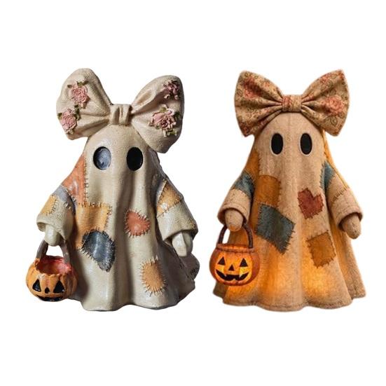 yangyizhi Halloween Lighted Patchwork Ghost Figurine, Light-Up Bow with Pumpkin Lantern, Ghosts Lamp Decoration for Holiday Party