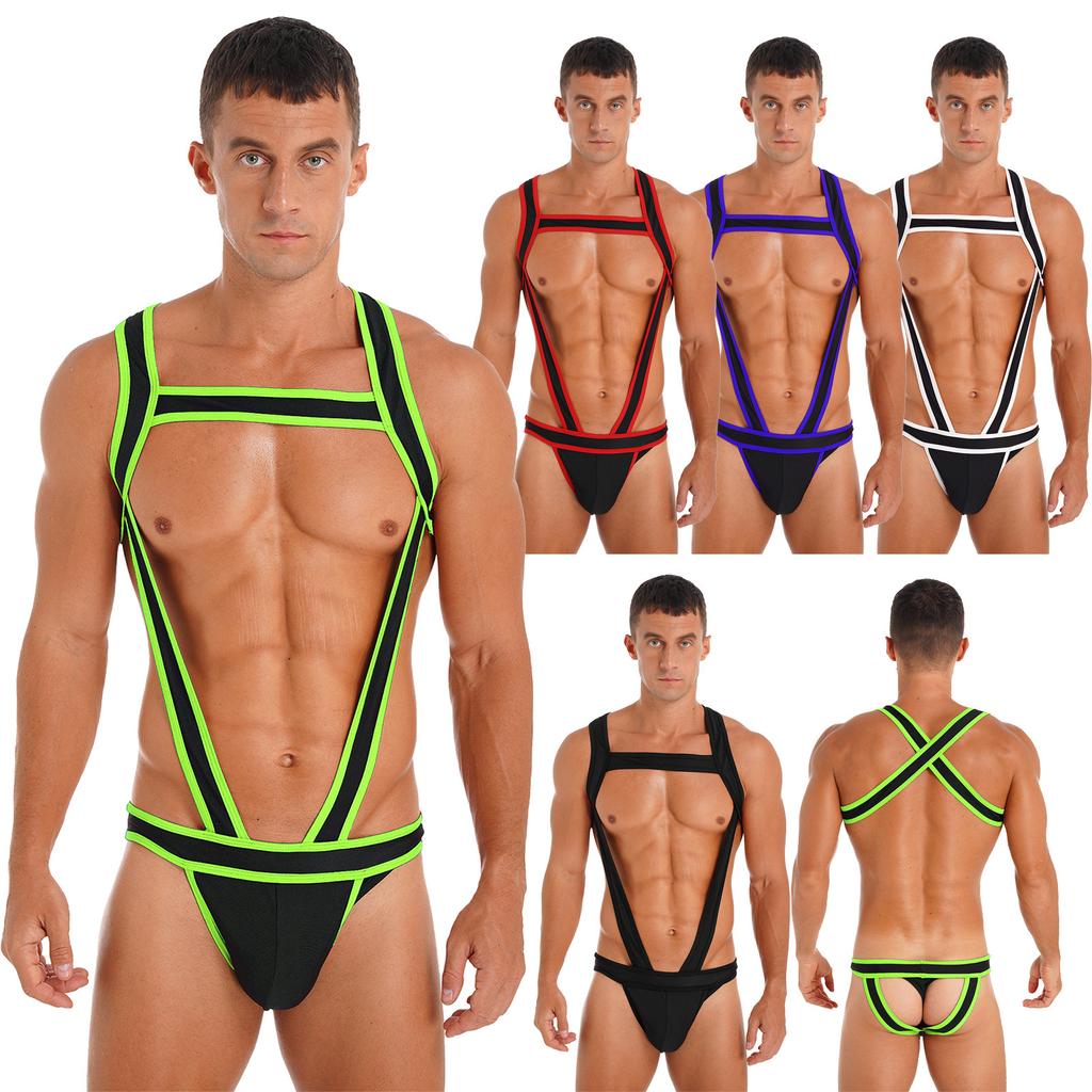 Mens Contrast Trim Chest Harness Jumpsuit Bulge Pouch Design One-Piece Bodysuit Jockstrap Underwear for Cosplay