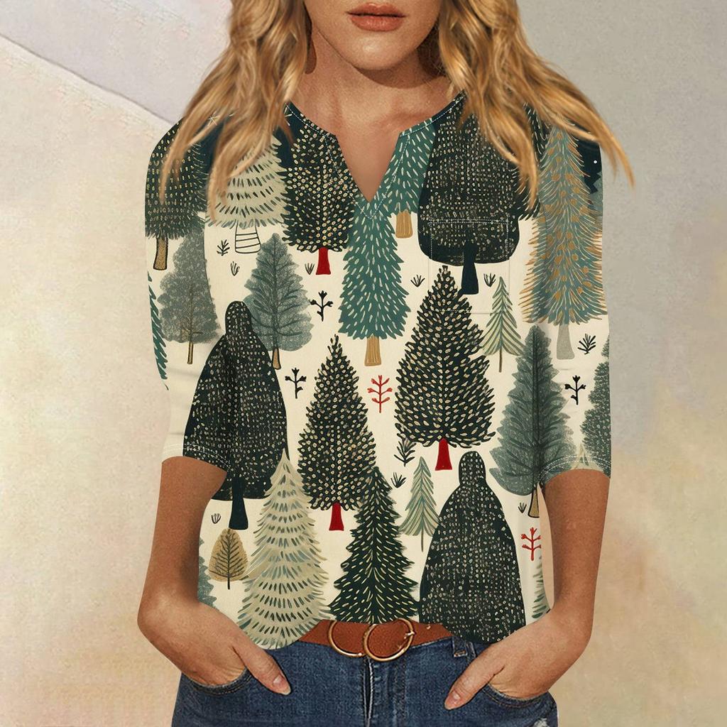 Женская рубашка с рукавом семь дюймов, напечатанная в стиле ретро, повседневная, свободная, с V-образным вырезом, рождественская