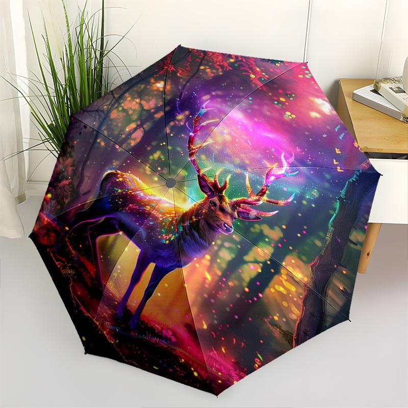 Fantasy Forest Deer Theme 8 Bone Hand Automatic Folding Umbrella, Compact and Portable Design, A Perfect Gift for Birthday, Christmas or Bus