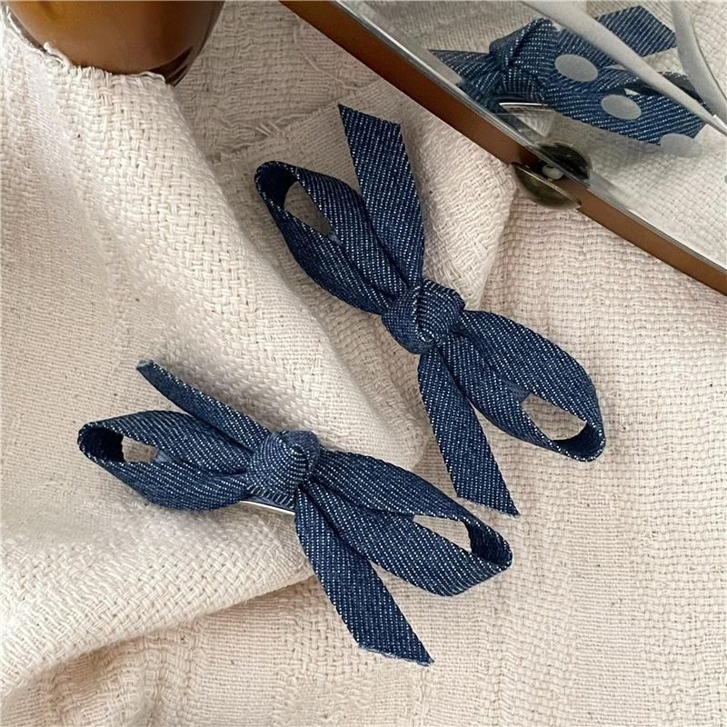 Personality Denim Blue Fabric Bow Barrettes a Pair of Hairclips Side Shredded Hair Bangs Clip Duckbill Clip