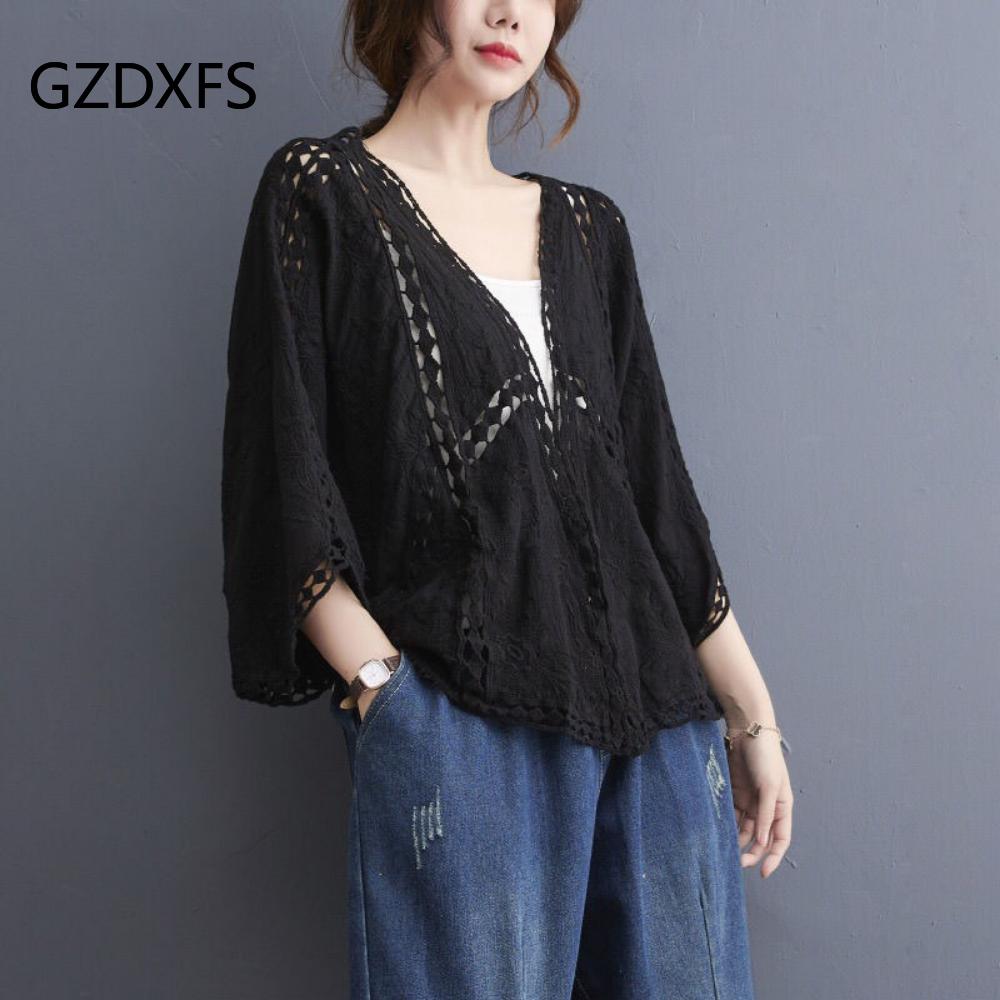 Loose Fit Cotton Embroidery Lace Cardigan Short Bat Sleeve Shawl 7 Split Sleeve Air Conditioner Sunscreen Cover Female Spring and Summer Clothes