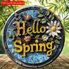 2d Flat 20*20cm Round Wooden "Hello Spring" Sign Art Painting Wreath Decorative, Entrance Decor Gift, Mask Theme, for Bar, Club, Home, Room Wall Decor