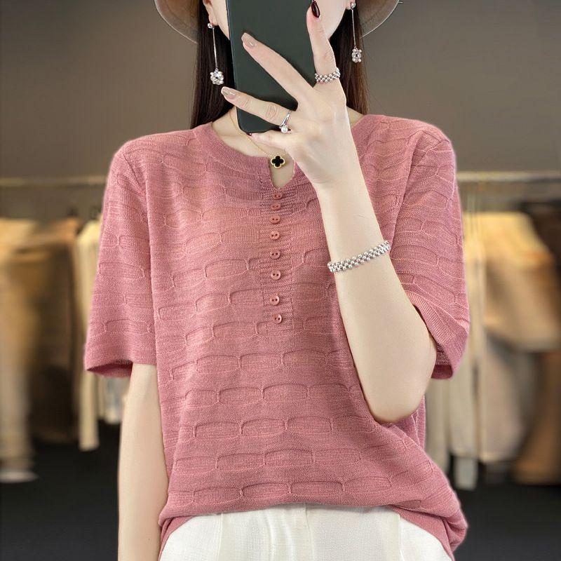 Повседневная свободная женская футболка Ice Silk с короткими рукавами, летняя рубашка из тонкого трикотажного льна с пуговицами