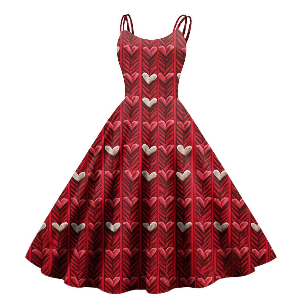 Women's Valentine's Day Love Heart Print Sexy Off Shoulder Vintage Dress