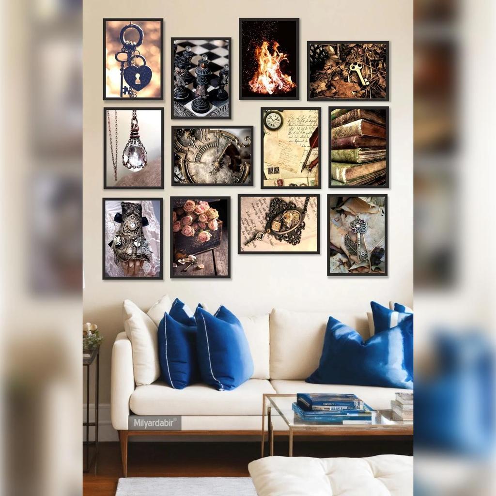 Add Elegance To Your Home with the 12-Piece Poster Set Featuring Vintage Key and Clock Illustrations!
