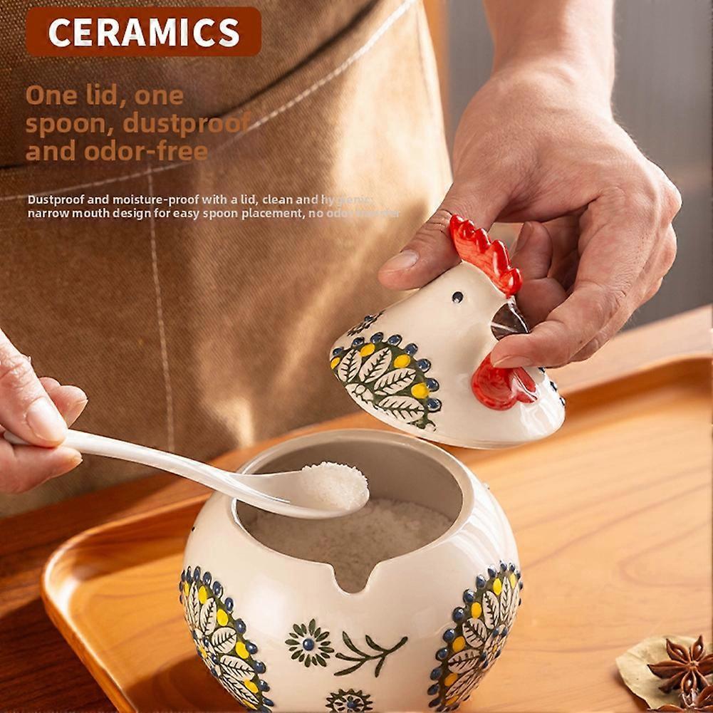 Ceramic Salt Cellar with Lid and Spoon, Large Chicken Salt Jar, Salt Holder for Counter, Coffee, Sugar, Spices and Candies, Salt Containers