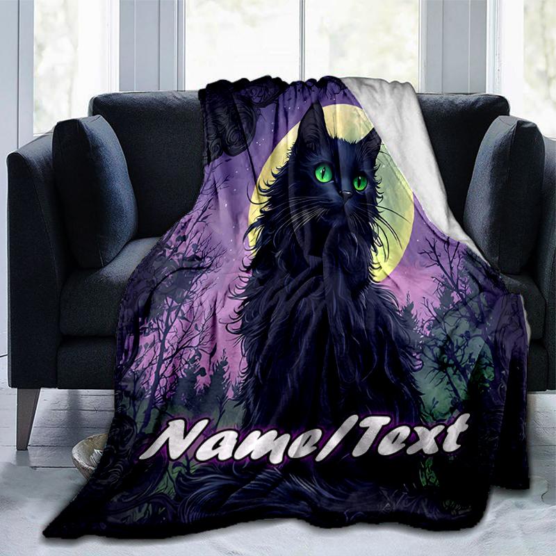 1PC Custom Name Black Cat Moon Night outdooor Flannel blankets Throw Blanket All-Season Throw Gift Bedspread for Couch, Bed, Camping Holiday Birthday 