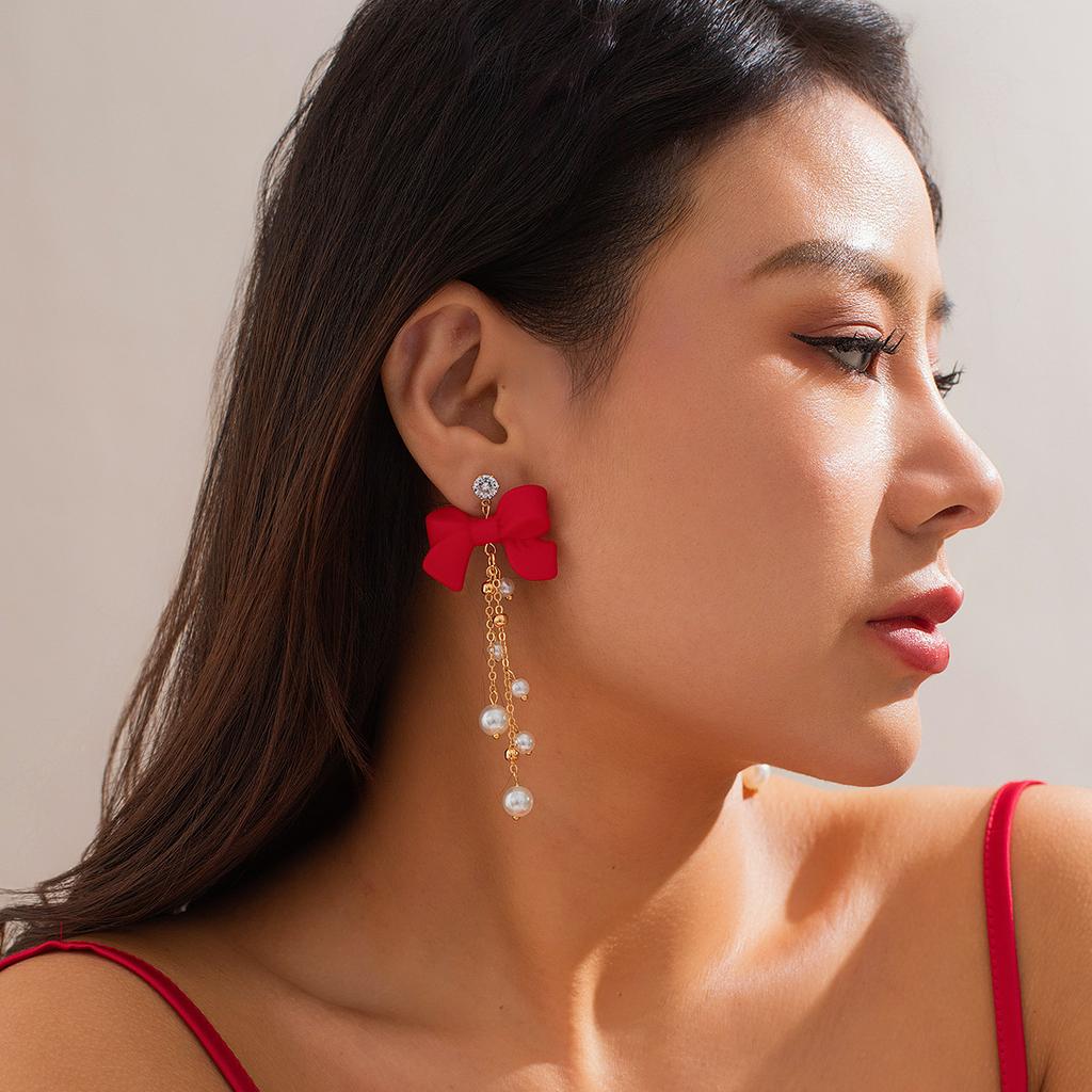 Ins Sweet Cool Red Bow Earrings Female Earrings Temperament Imitation Pearl Fringed Ear Jewelry