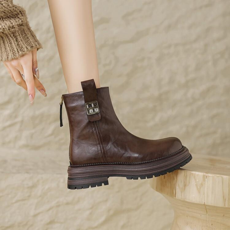 Sheepskin Integrated Snow Boots Women's Winter New Leather Round Head Platform Short Boots Retro Velvet Thickened Martin Boots