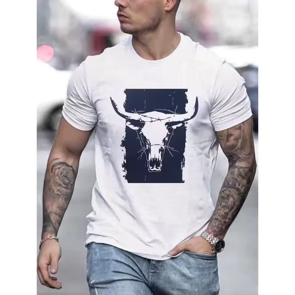 Wild West Mens Skull Graphic Tee Casual Crew Neck Short Sleeve Breathable Polyester Summer