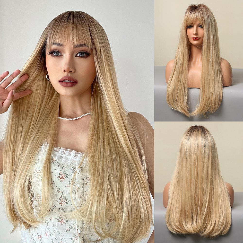 Inhaircube Коричневый и Блондовый Ombre Синтетические парики Длинные прямые реалистичные волосы Косплей Ежедневный парик с челкой для женщин