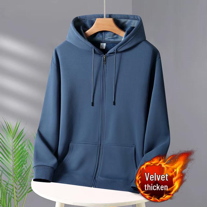 Унисекс Плотная хлопковая толстовка на молнии Кардиган - Однотонная, Осенне-зимний стиль.