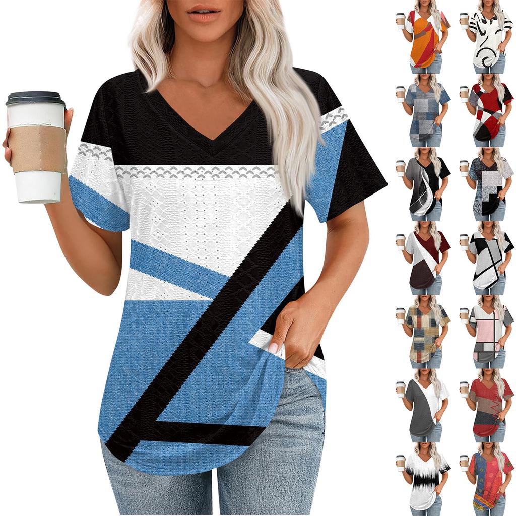 Womens T Shirts V Neck Short Sleeve Casual Tops Loose Fit Basic Tees With Curved Hem