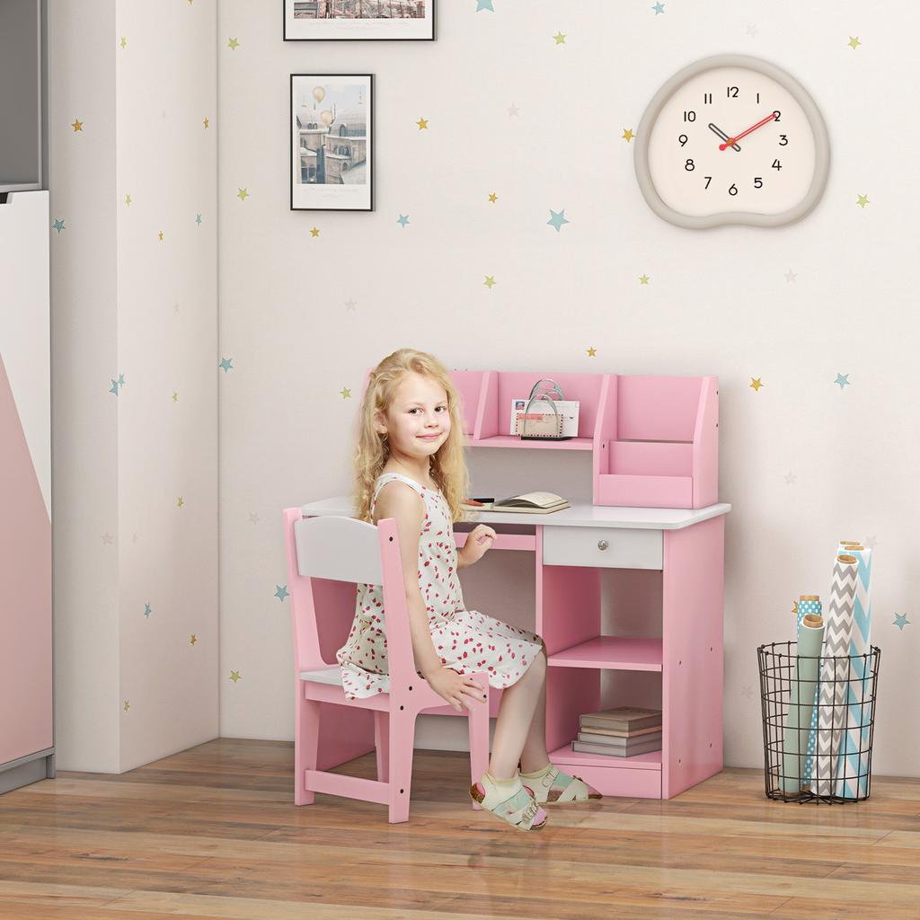 Two-Piece Kids Desk and Chair Set with Storage, for Ages 5-8 Years - Pink