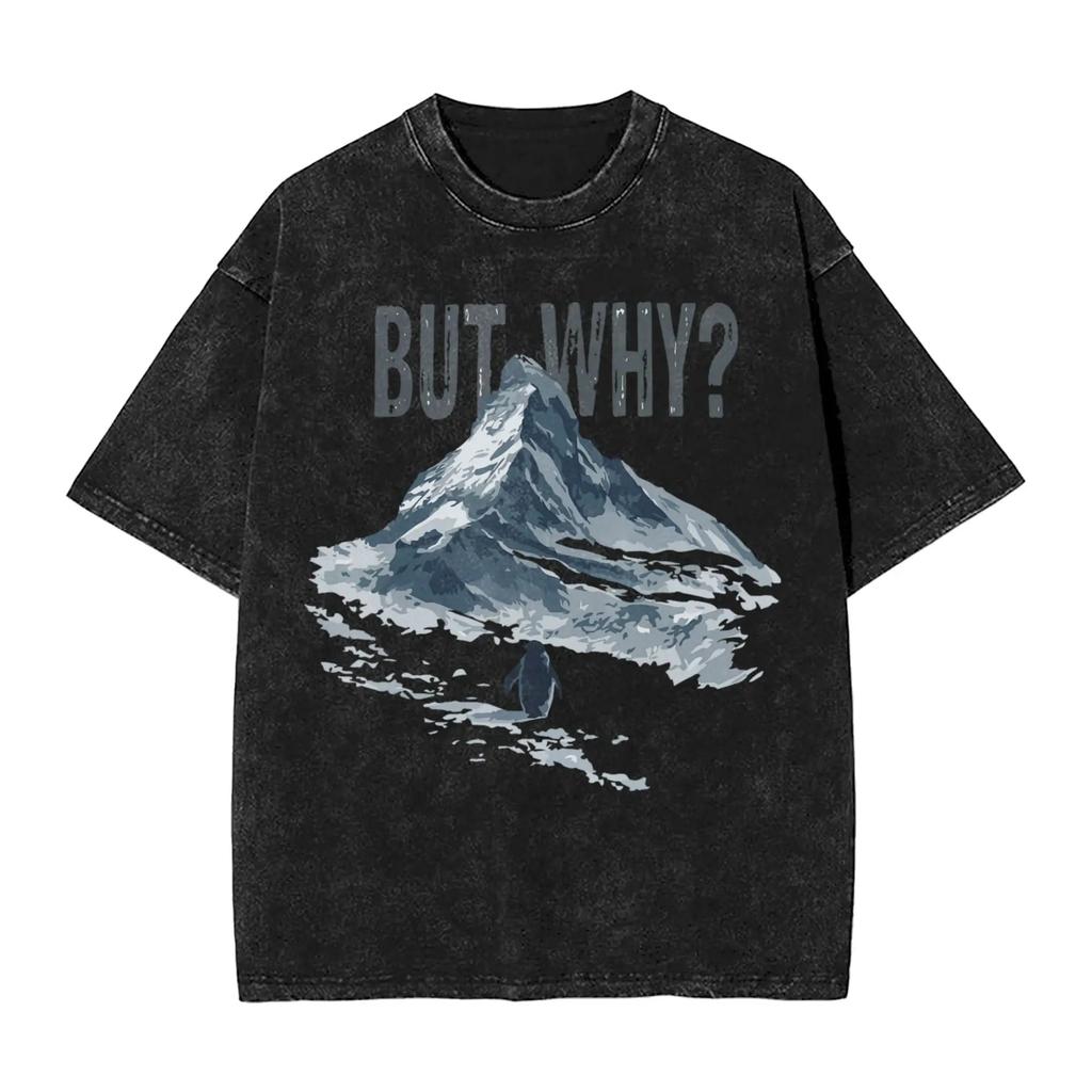 Funny Meme Penguin But Why Graphic Print Tshirt Unisex Women Vintage Washed Cotton Summer New Tee Harajuku Fashion Oversized Tops