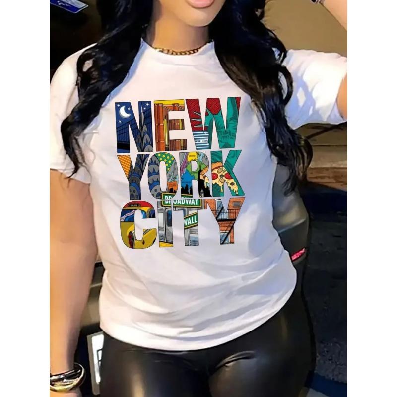 Футболка с надписью New York City для женщин, повседневная, с коротким рукавом, из плотного хлопка - Удобный круглый вырез, мягкие, очаровательные футболки, топы