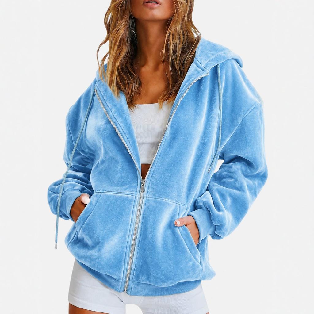 European and American golden velvet hooded sweater autumn and winter loose zipper cardigan jacket casual top