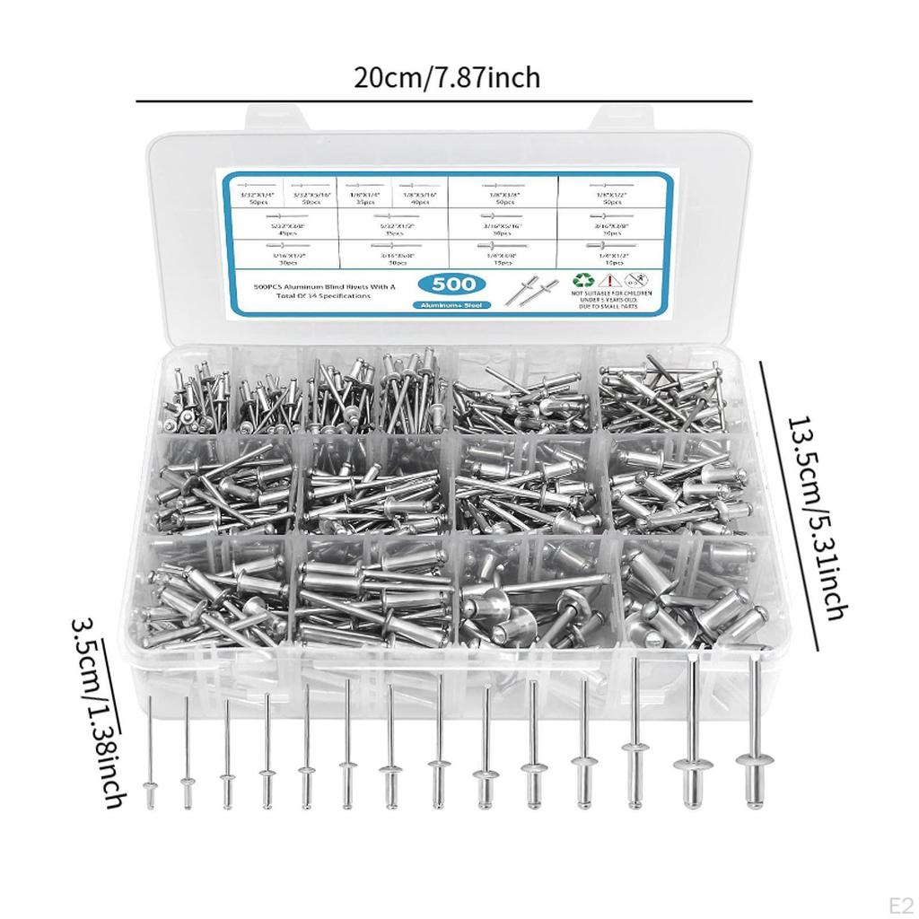 500Pcs Blind Rivets 3/32" 1/8" 5/32" 3/16" 1/4" SAE Open End Assorted Rivet Set for