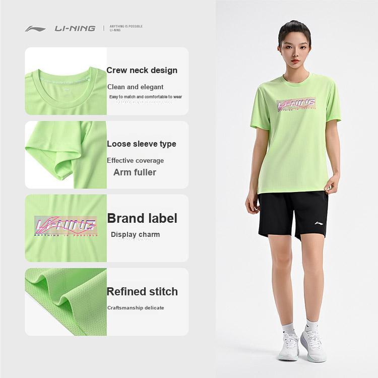 Li Ning Серия Бадминтон Креативный Логотип Классическая Дышащая Энергичность Мода Повседневная Ежедневная Спортивная Футболка с Коротким Рукавом Унисекс Топы Небесно-Зеленый ATSV627-3