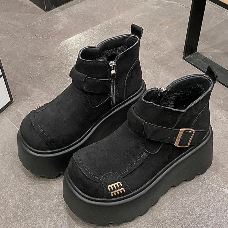 Ботильоны женские на платформе из меха, замшевые туфли на плоской подошве, модная женская обувь 2025 года, трендовая зимняя дизайнерская обувь для ходьбы, теплая повседневная женская обувь для снега