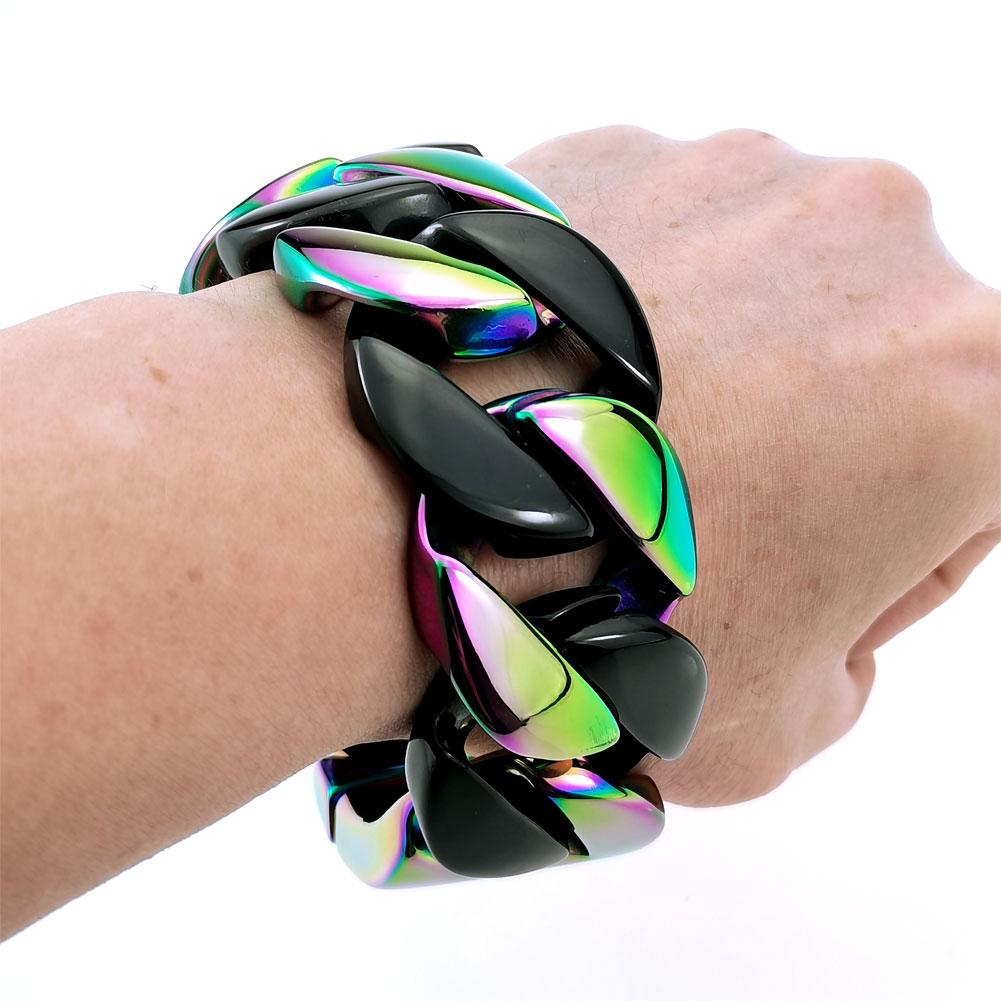 Браслет хип-хоп из нержавеющей стали 316L шириной 32 мм, с радужным и черным покрытием, с дизайнерскими шармами