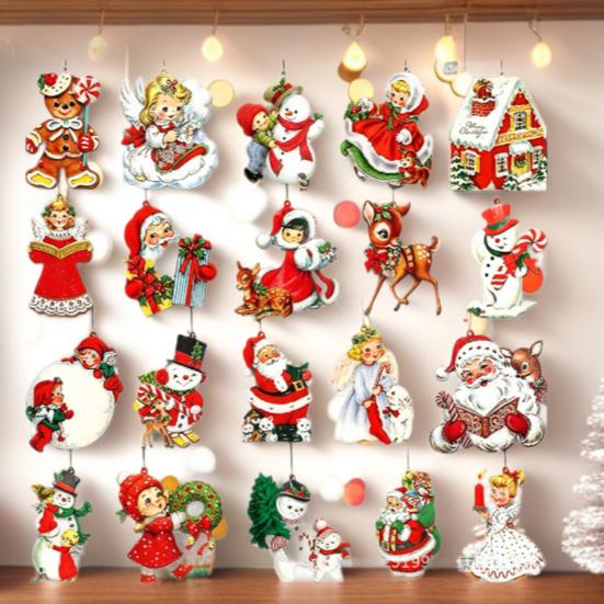 Snowman And Deer Decorations Retro Wooden Christmas Hanging Ornaments, Xmas Tree Pendants with Rope, Rustic Santa Claus DIY Craft Materials