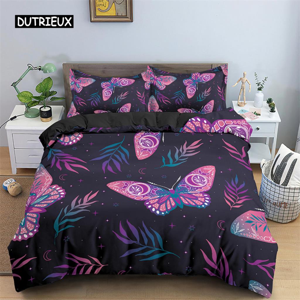 Комплект постельного белья с бабочками, полный размер King Size, хиппи, бохо, моль, пододеяльник из микрофибры, анималистичный, ботанический, психоделический, звездное небо, пододеяльник