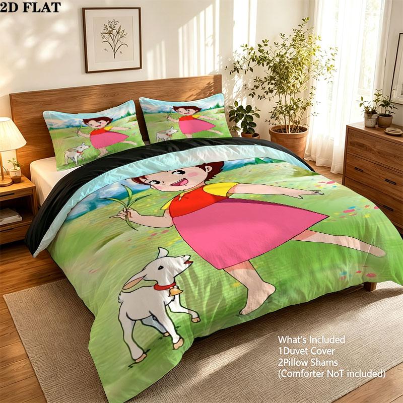 Heidi Alps Cartoon Pattern Bedding Quilt Set Quilt Cover Pillowcase Home Birthday Gift(1 * duvet cover + 2 * pillowcase, without core)